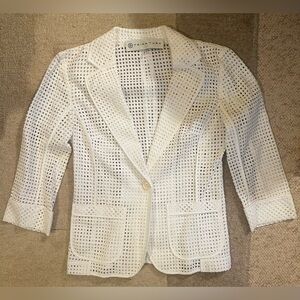 NWOT Trina Turk Cropped Sleeve Perforated Blazer, White Eyelet